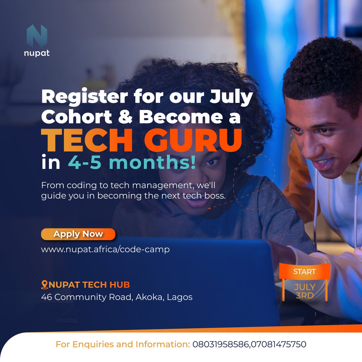 Start your tech journey this July at Nupat code camp!

Benefits:
-physical training 
-Collaboration with peers
-Mentorship
-Accommodation
-Exposure to live projects 

Training starts on July 3rd 2023.
Hurry and apply now!

Visit: nupat.africa/code-camp to apply today 

#TECH4ALL