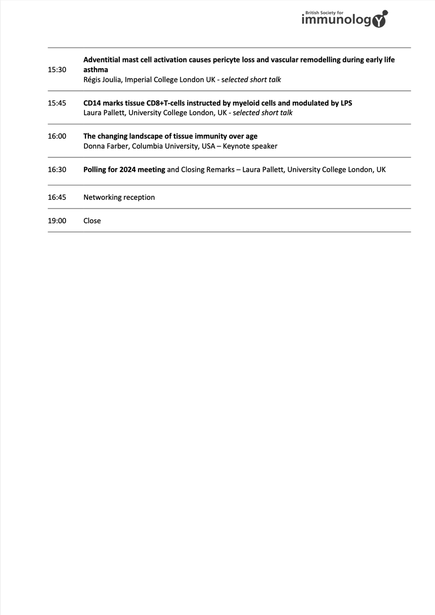 Take a look at of programme for #TissueImmunology2023 on Friday 7th July! 🧾

We're very excited about wide variety of tissue-specific immunology on offer from our all of our speakers! 🧠🫀🫁

Here's a thread going through all the speakers we have in store 🧵