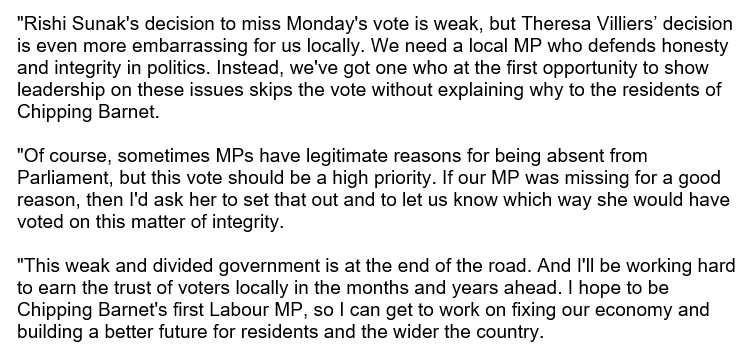 dantomlinsonmp's tweet photo. Theresa Villiers didn't attend last night's vote on the suspension of Boris Johnson &amp; hasn't set out her view.

Integrity &amp; honesty are vitally important to the strength of our democracy, &amp; are lacking in current Tory politics. 

My take as Labour's candidate in Chipping Barnet: https://t.co/KvqvWmirQK