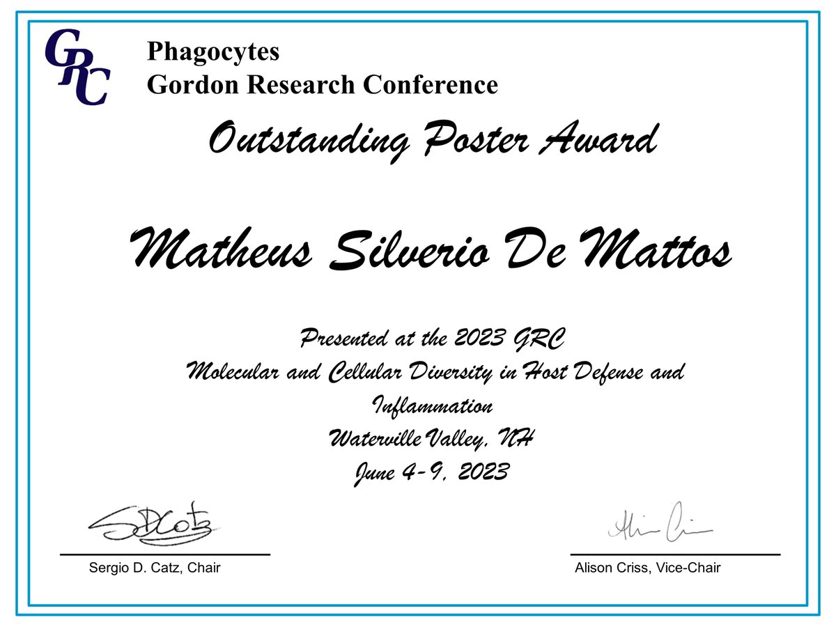 Mattosmsd's tweet photo. Really happy for the opportunity to share our work and, considering the amount of beautiful works presented at GRC phagocytes, I am amazed to be awarded as an outstanding poster.
@GordonConf https://t.co/3UFZS6f4nq