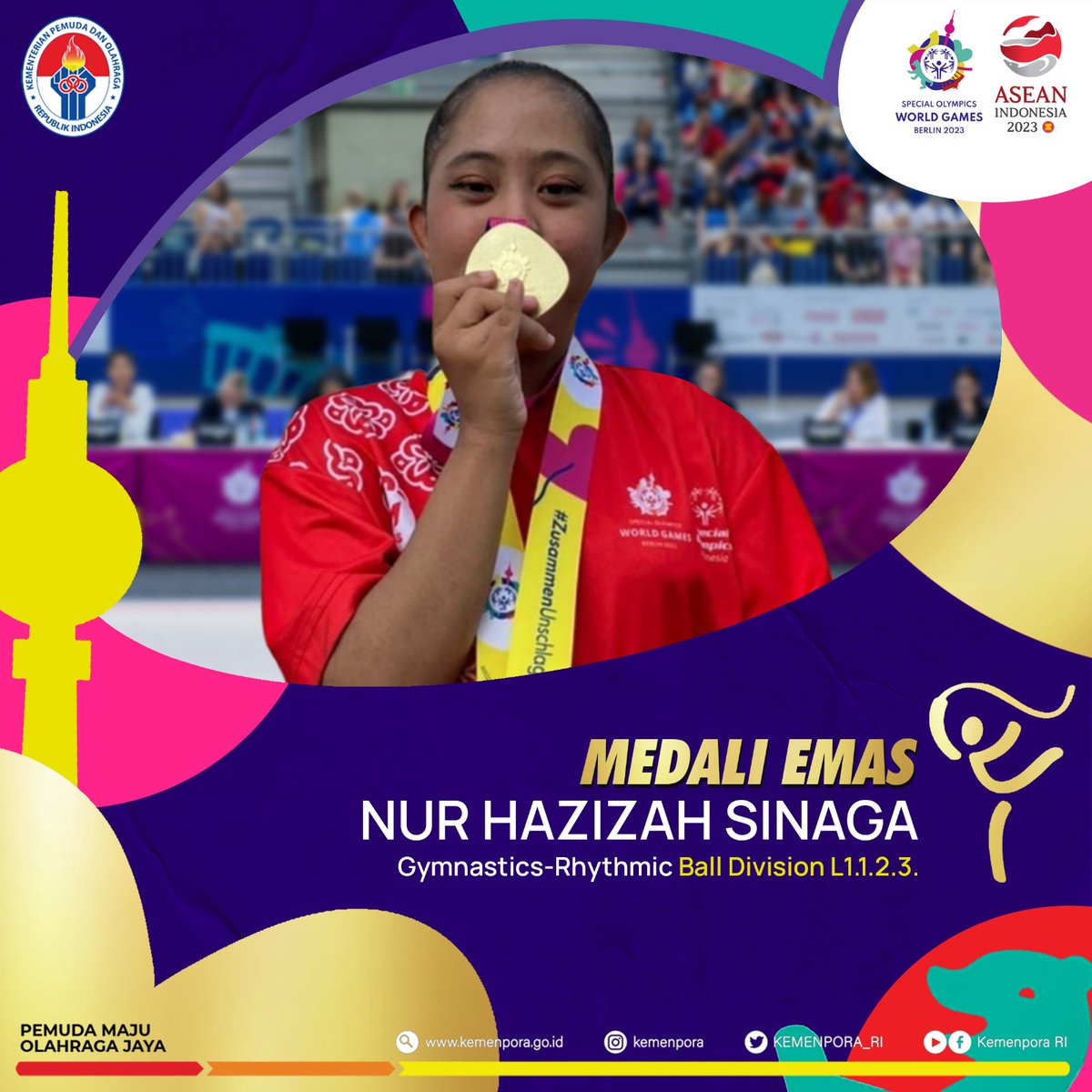 Selamat kepada Nur Hazizah Sinaga yang berhasil mempersembahkan medali emas dari cabang olahraga Gymnastic Rhytmic di nomor Ball Division L1.1.2.3 pada ajang Special Olympics World Games Berlin 2023

#Kemenpora
#PemudaMajuOlahragaJaya
#SOWG2023