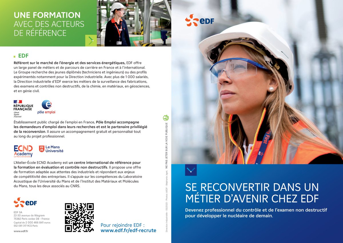 ECND_Academy's tweet photo. Se reconvertir dans un métier d'avenir !

Vous êtes demandeurs d’emploi, vous aimez les maths, la physique, la technique ? Devenez pro de l’examen et du contrôle non destructif 👷🏾👷‍♀️

En partenariat avec @EDFofficiel &amp; @pole_emploi
#recrutement #emploi #formation #reconversion https://t.co/pM7y9mJ4sx