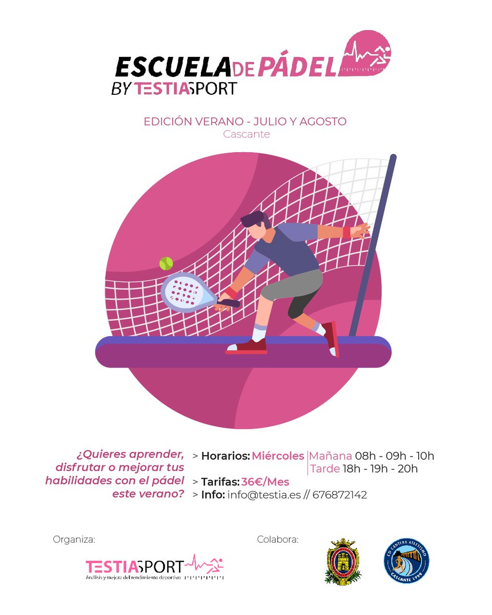 Escuela de Padel TestiaSport EDICIÓN VERANO
Todos los miércoles de Julio y/o Agosto.
¡Plazas Limitadas!