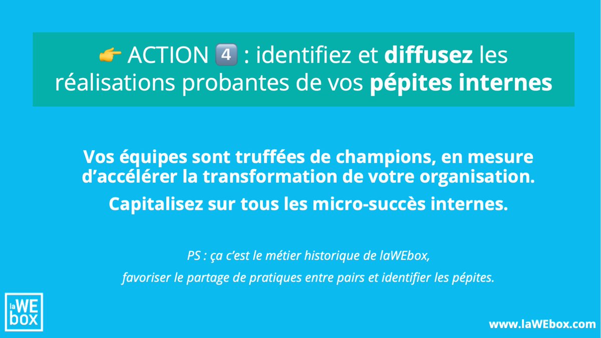 Vous devez rester compétitif ? Voici 4 actions pragmatiques de #laWEbox
Bonus des managers, feedback des codir, ROI des formations, motivation des commerciaux, détection de pépites internes...  laquelle enclenchez-vous ?
Point commun : elles demandent toutes du courage managérial