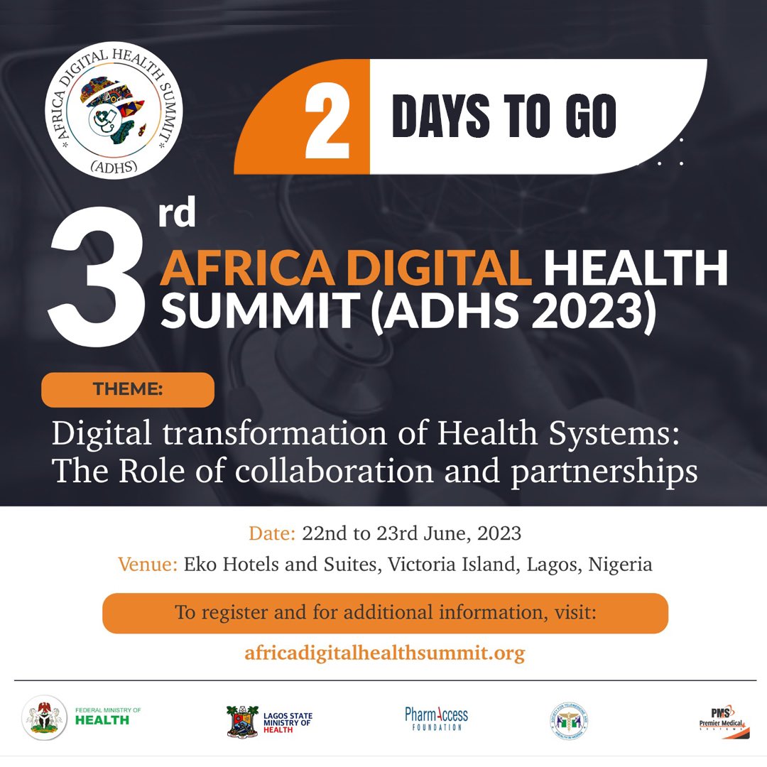 Counting down to the 3rd Africa Digital Health Summit (ADHS2023)!
In just two days, join us for an inspiring gathering of healthcare innovators, leaders, and experts. 
Together 🤝, we’ll shape the future of digital health in Africa. 
Don’t miss out! #DigitalHealth #AfricaUnite