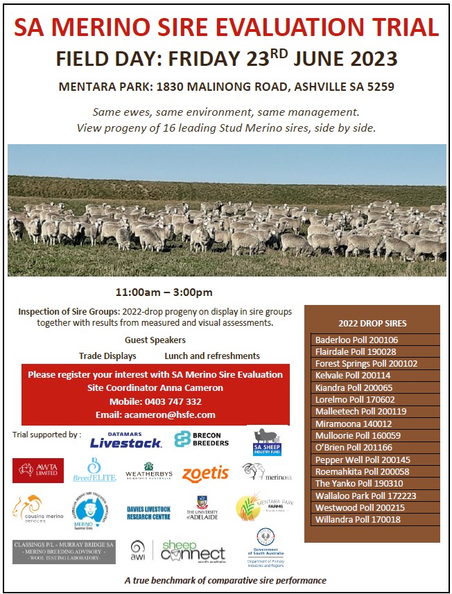 REMINDER | SA Merino Sire Evaluation Trial Field Day - this Friday 23 June🐑🐏 ⏰ 11am - 3pm 📍 Mentara Park, 1830 Malinong Road, Ashville ➡ Please register your interest with site coordinator, Anna Cameron: acameron@hsfe.com
