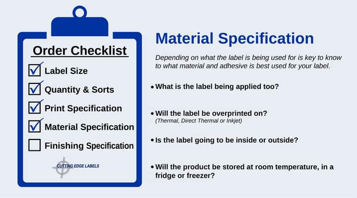 CutEdgeLabels's tweet image. Label Order Checklist.

Material Specification
Paper?
Thermal?
Polypropylene?
Polyethylene ?
Clear? etc
What adhesive?
Permanent 
Peelable?
Freezer?
Hot melt? etc
#labels #material #specification