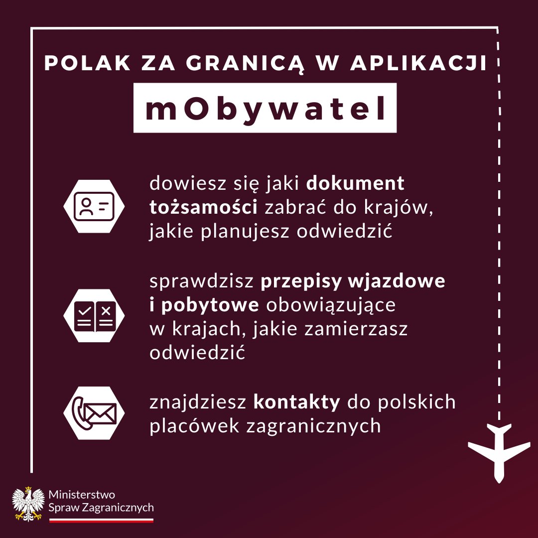 Sprawdź informacje dla podróżujących dla kraju, który chcesz odwiedzić!

📲 Możesz to zrobić w zakładce Polak za Granicą, w aplikacji mObywatel.

🗺️ Sprawdzone informacje
⛔️ Informacja o ograniczeniach wjazdu
🏢 Kontakty do polskich placówek zagranicznych

#BezpieczneWakacje