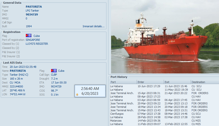 FlconEYES's tweet photo. ⚓️#PASTORITA 9034729 
Tanquero para gas licuado del régimen

#Habana-#Moa 

Cala:7.3/10.92m 
Entregando: ~20,000m³ de gas.  

#Now #cubarcos #AIS #Cuba #20Jun https://t.co/CCVFxAZOE0
