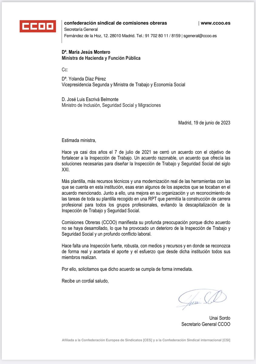 instrabajoyss's tweet photo. Desde el SITSS queremos dar las gracias a @UnaiSordo por su apoyo y la carta dirigida a @Yolanda_Diaz_ @mjmonteroc y @joseluisescriva pidiendo que  cumplan con el Plan Estratégico de Inspección de Trabajo de 2021,reforzando la Inspección de Trabajo

@CCOO @empleogob @Haciendagob https://t.co/r2qNJPQA5a