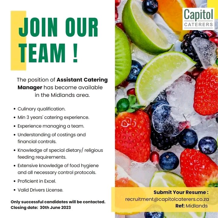 Interested in joining our team? 

The following position has become available in the Midlands area.

To apply, please submit your CV to recruitment@capitolcaterers.co.za.

Closing date: 30th June 2023

#wearehiring #joinourfamily #catering #contractcatering #passionforexcellence