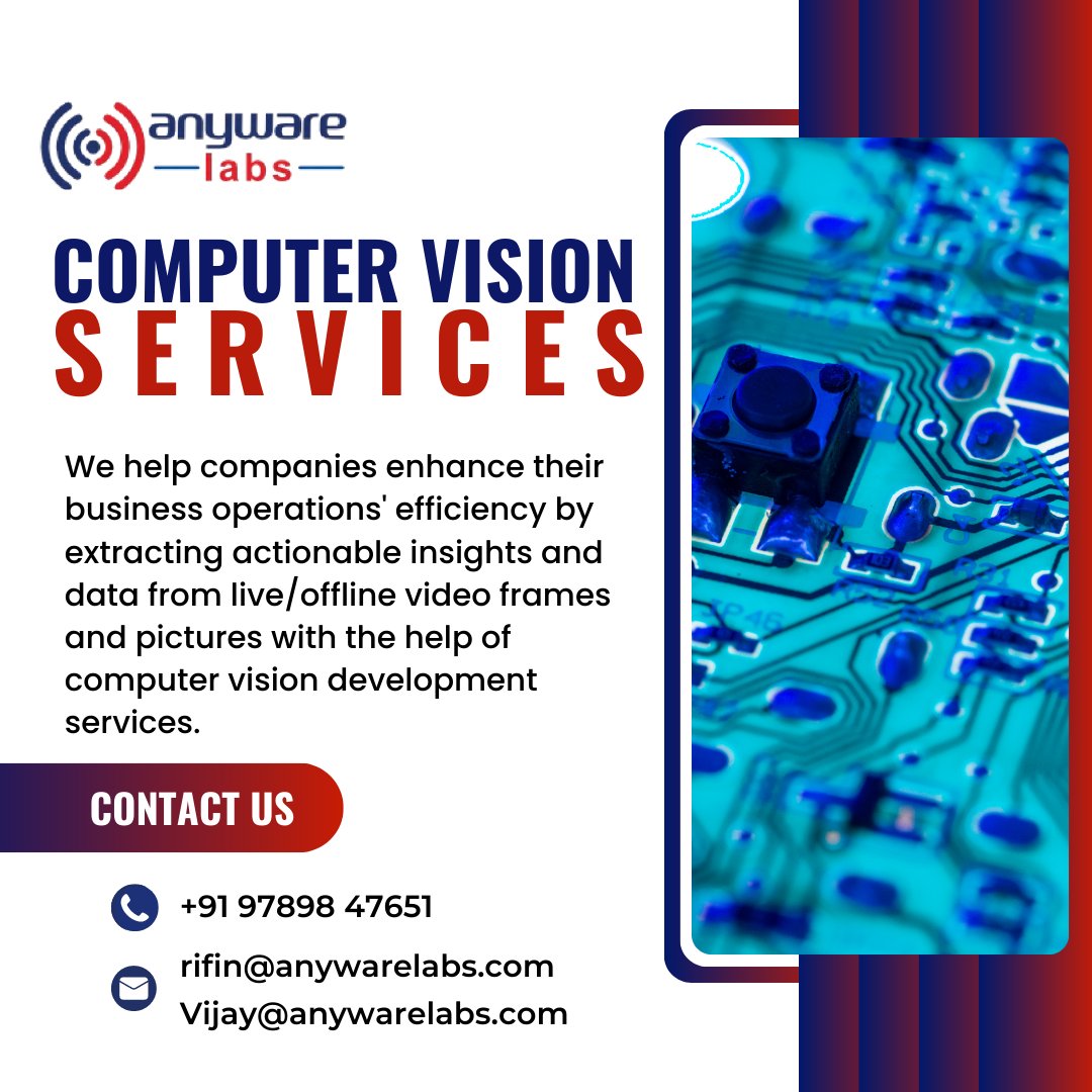 anywarelabsch's tweet image. Computer Vision Services

Visit: anywarelabs.com
Call @ 09789847651
Mail to rifin@anywarelabs.com
vijay@anywarelabs.com

#anywarelabs #computervision #iot #ai #internetofthings #innovation #ai #artificialintelligence #aitechnology #aiprojects  #aicompany