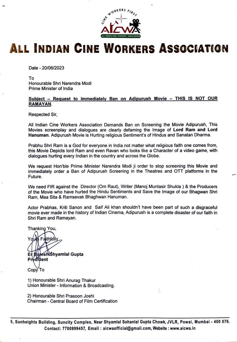 All India Cine Workers Association write to Prime Minister Narendra Modi, requesting him to 'stop screening the movie and immediately order a ban of #Adipurush screening in the theatres and OTT platforms in the future. 'We need FIR against Director Om Raut, dialogue writer