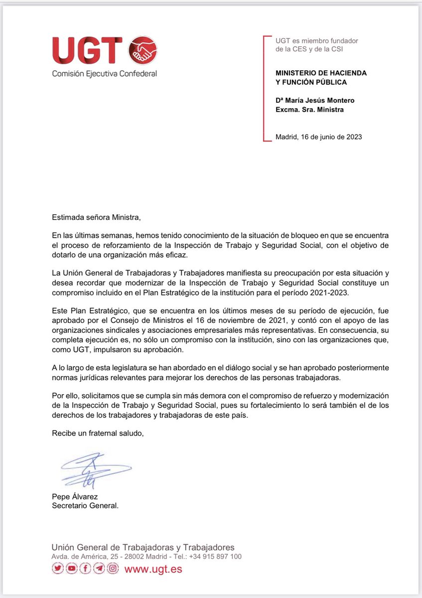 Gracias a <a href="/SG_UGT/">Pepe Álvarez</a> por su apoyo y la carta dirigida a <a href="/Yolanda_Diaz_/">Yolanda Díaz</a> <a href="/mjmonteroc/">María Jesús Montero</a> y <a href="/joseluisescriva/">José Luis Escrivá</a>, pidiendo que cumplan con el Plan Estratégico de Inspección de Trabajo de 2021,reforzando la Inspección de Trabajo

<a href="/empleogob/">Ministerio Trabajo y Economía Social</a> <a href="/Haciendagob/">Ministerio de Hacienda</a> <a href="/inclusiongob/">Ministerio Inclusión Seguridad Social Migraciones</a> <a href="/UGT_Comunica/">UGT</a>