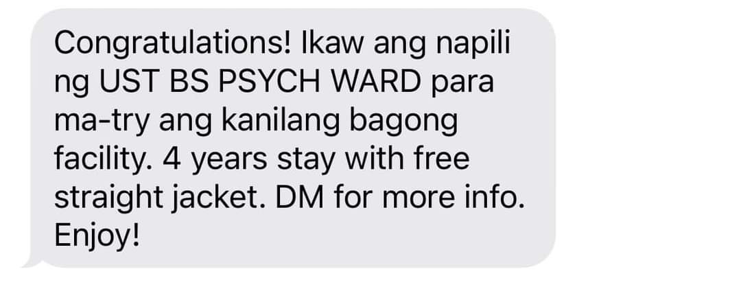+63 321 123 2023
Sent to: all incoming UST BS Psychology Freshies '23-'27

#USTHanapan2023
#USTBATCH27
#USTCOSPSYCH
#USTPSYCH
#USTET2023
#UST