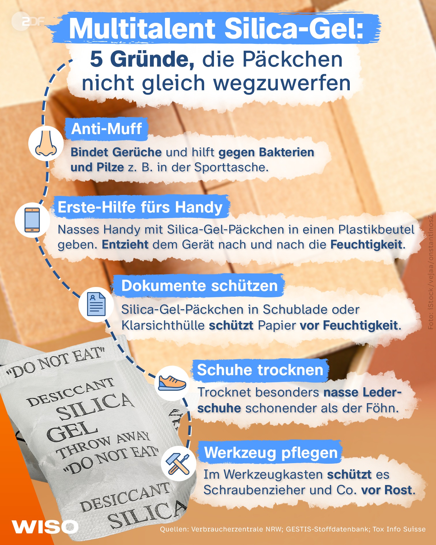 ZDF on X: Die kleinen Beutel mit Silica-Gel sind in vielen Verpackungen  enthalten und landen fast immer im Müll. Doch die Trockenmittel-Päckchen  können wahre Alltagshelfer sein. #WISO  / X