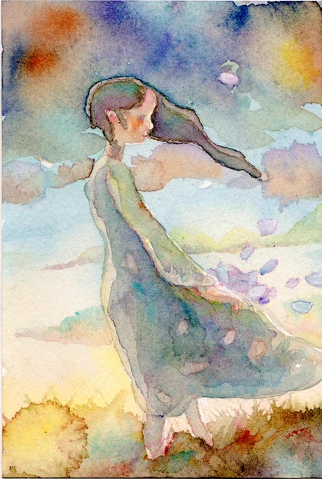 夏の夕暮れ時わけもなく懐かしくなるときあるよね…  これは佐竹美保さんの展示行ったときに頂いたお礼のハガキに返した絵… ハガキサイズのアルシュ紙に描いて送った。絵の具はミジェロ