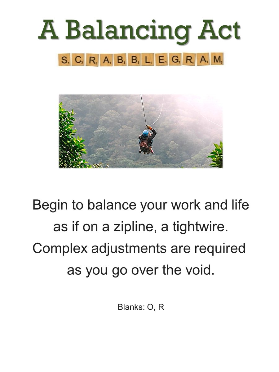 SCRABBLEGRAM* OF THE DAY
A Balancing Act

June 20 is World Productivity Day. A noble goal, but sometimes it's hard to juggle it all... 🤹

*Uses each of the 100 Scrabble tiles exactly once.

#WorldProductivityDay, #scrabble