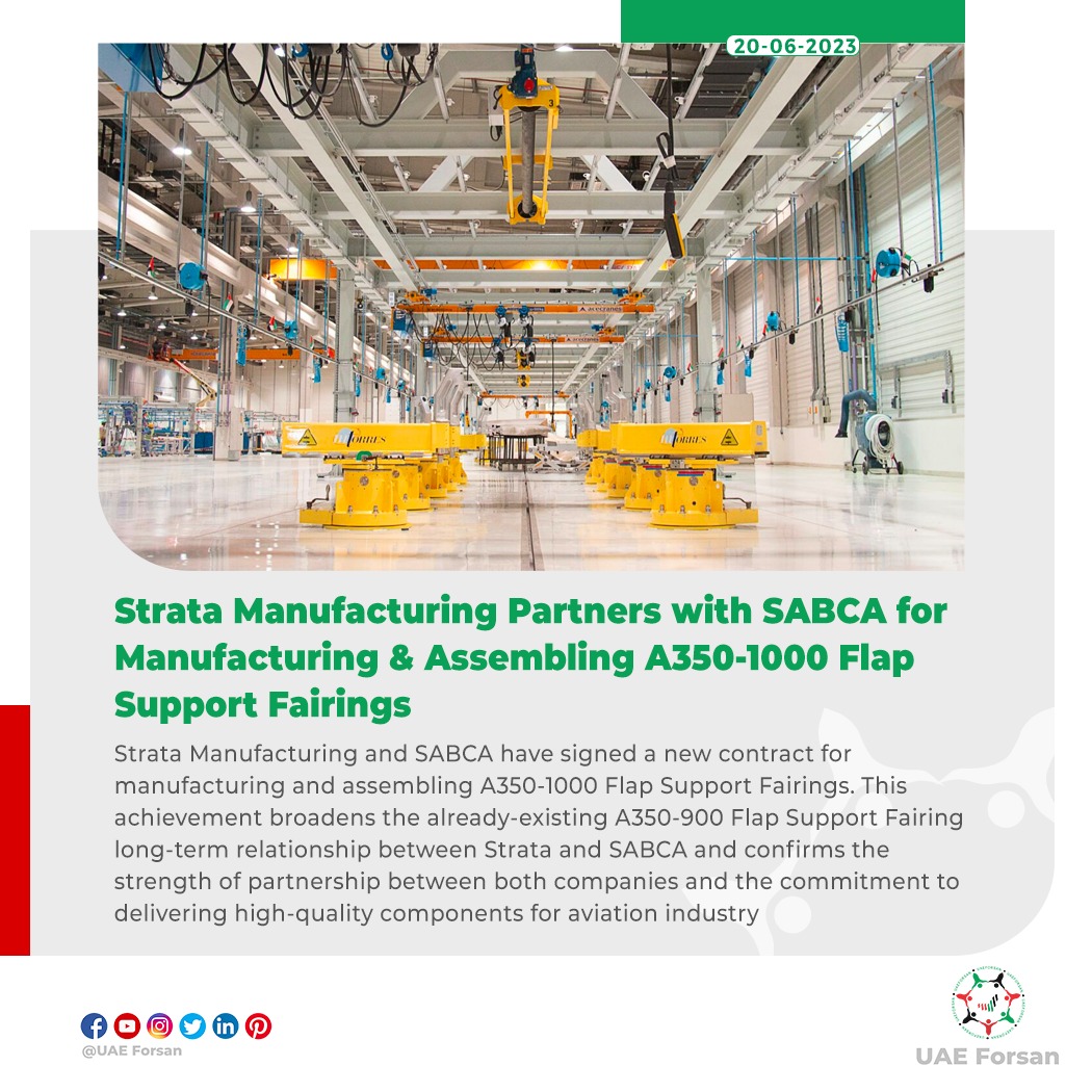 UAE_Forsan's tweet photo. Strata Manufacturing Partners with SABCA for Manufacturing &amp; Assembling A350-1000 Flap Support Fairings
#Aviation #Industry #MakeItInTheEmirates #Strata #SABCA 
@stratauae https://t.co/myqjCUUfxF