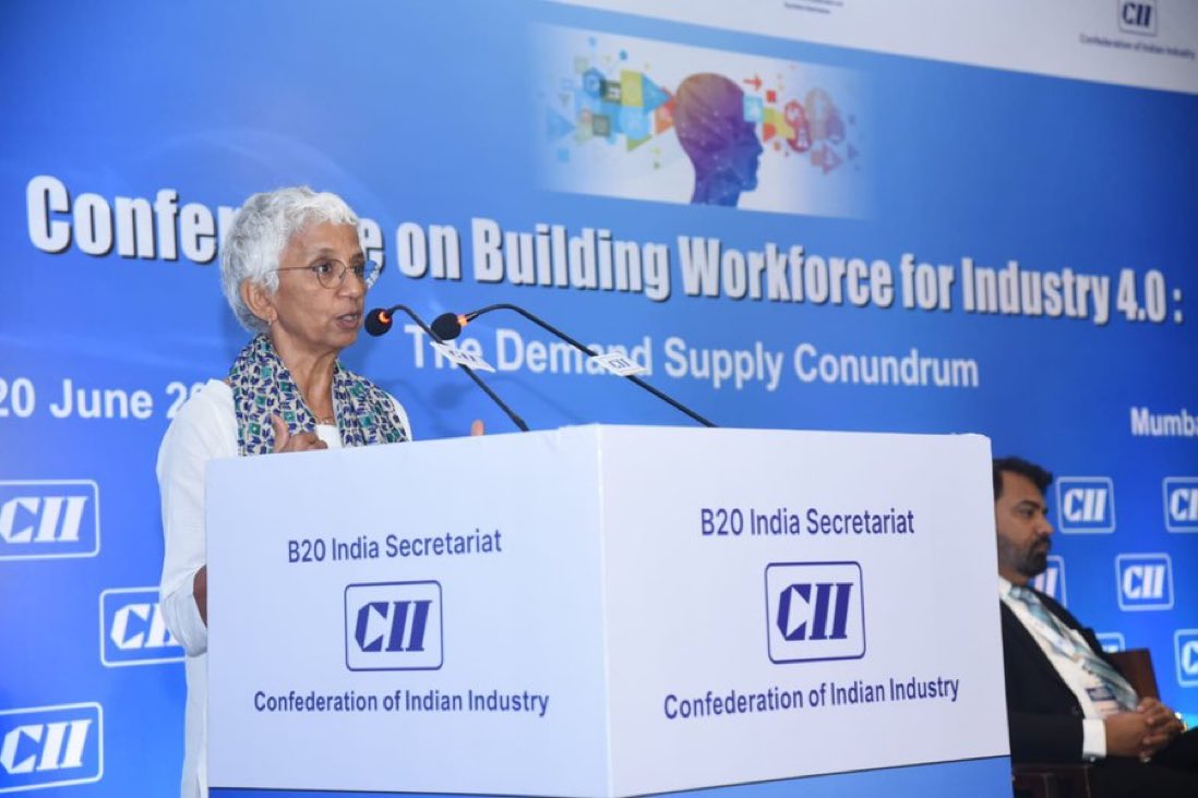 Skill enhancement will be driven by symbiotic relationships between human beings & #technology, industry collaborations, data driven workforce analytics. - @rekha_m_menon, Chair & Senior MD, @AccentureIndia at #B20India Conference on Industry 4.0 @b20 @CII4WR @CII_Skills #CIIWR