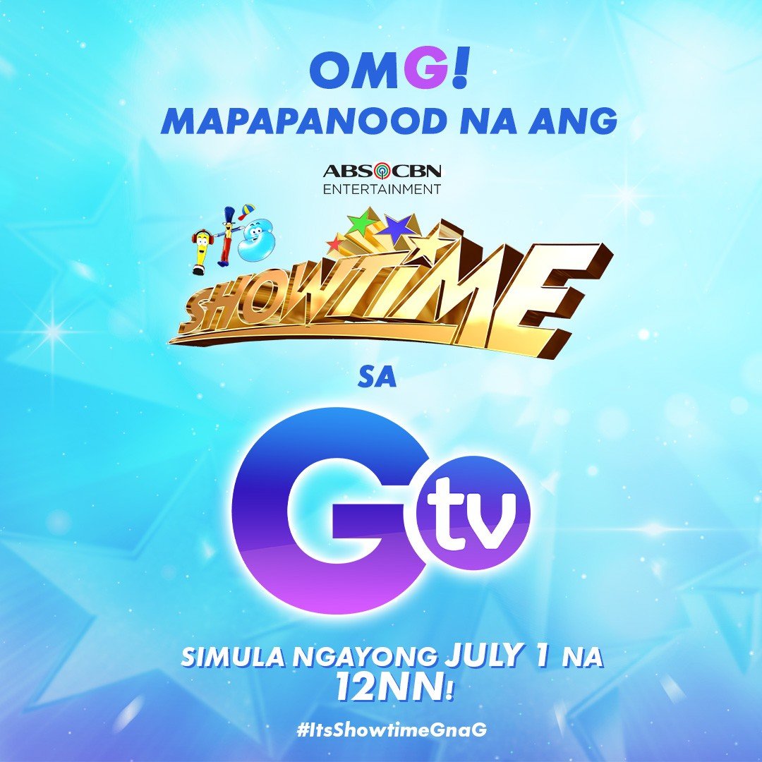 OMG, Madlang People! Tuloy lang ang best FUNanghalian experience dahil simula July 1, Sabado 12NN ay makakasama nyo na kami sa GTV! #ItsShowtimeGnaG

Samantala, G pa rin ang good vibes sa Kapamilya Channel, Kapamilya Online Live, A2Z, Jeepney TV, iWantTFC, at TFC.…