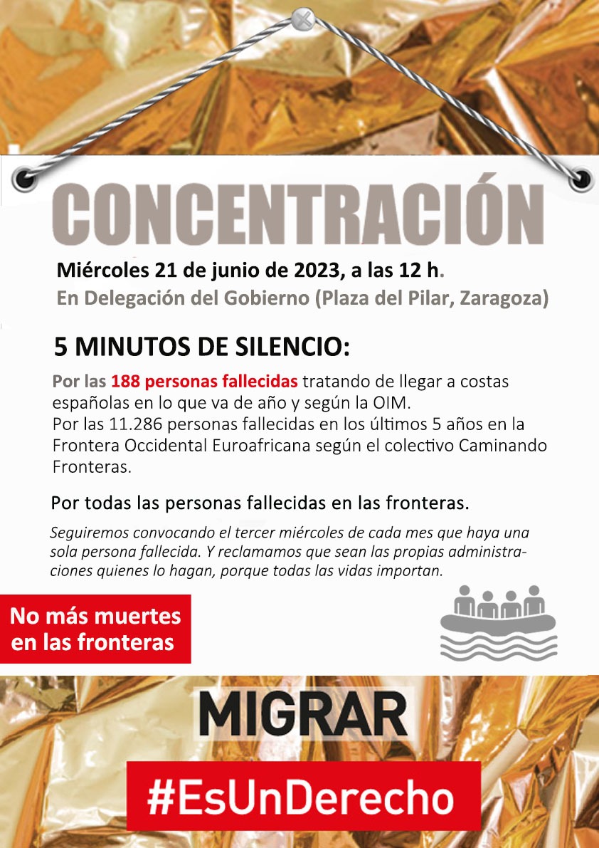 📷📷📷 Mañana miércoles 21 de junio nos concentraremos de nuevo en la Plaza del Pilar, a las 12:00, en recuerdo de las personas fallecidas en las fronteras. Migrar #EsUnDerecho.