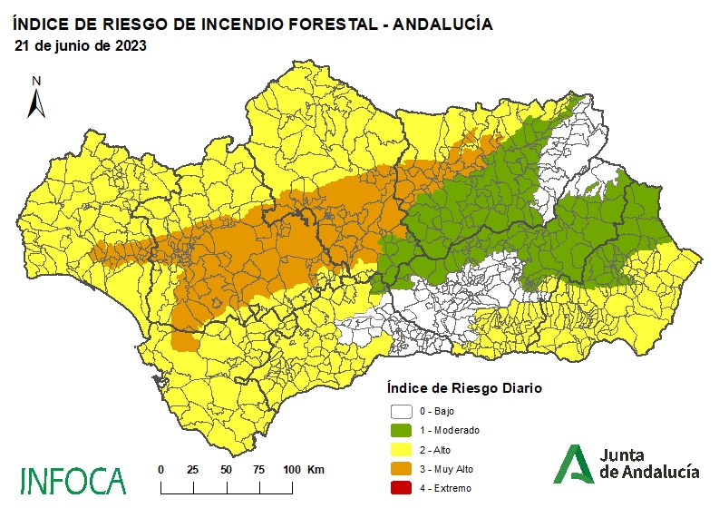 Plan_INFOCA's tweet photo. 🗺️ RIESGO INCENDIOS FORESTALES #Andalucía | 20/06/23
Estos son los 3 mapas predicción de ÍNDICES de RIESGO, que realiza la #UTAF.
● Pronóstico para hoy, mañana y pasado
● Las predicciones se actualizan diariamente
● RECUERDA que CONTRA el RIESGO: tu #Precaucion
#BuenosDías https://t.co/SpabiUswqu