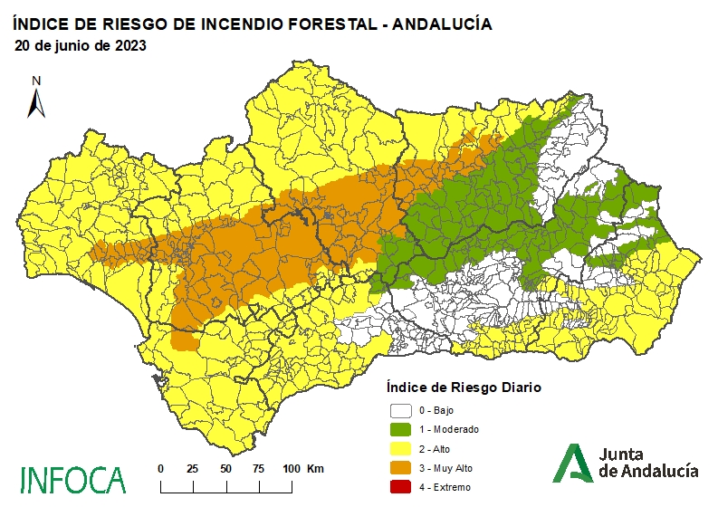 Plan_INFOCA's tweet photo. 🗺️ RIESGO INCENDIOS FORESTALES #Andalucía | 20/06/23
Estos son los 3 mapas predicción de ÍNDICES de RIESGO, que realiza la #UTAF.
● Pronóstico para hoy, mañana y pasado
● Las predicciones se actualizan diariamente
● RECUERDA que CONTRA el RIESGO: tu #Precaucion
#BuenosDías https://t.co/SpabiUswqu