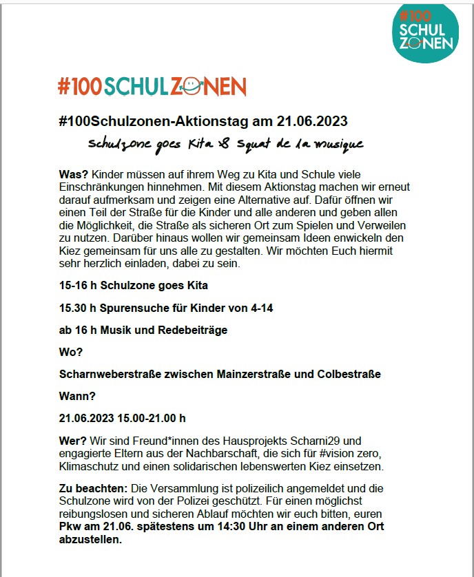 #100Schulzonen-Aktionstag in #Friedrichshain morgen!

#schulwegsicherheit #Mobilitätswende #FeteDeLaMusique #VisionZero #scharni29 #Klimaschutz #lebenswerteKieze