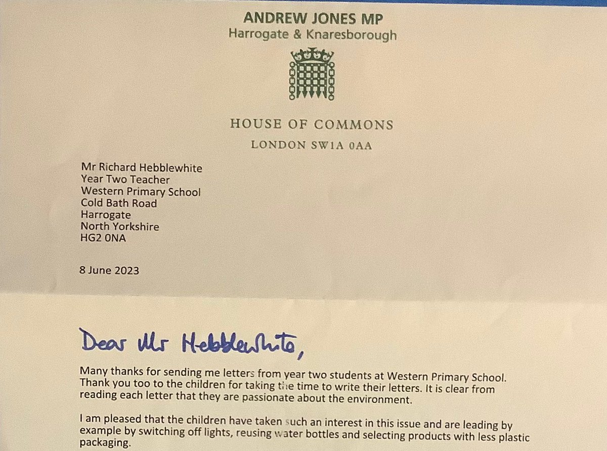 After reading the inspirational story ‘Greta and the Giants’, we wrote letters to our local MP Andrew Jones about our environmental concerns &amp; how we are reducing, recycling &amp; reusing. We were very excited to receive a letter from the House of Commons! #WesternPrimarySchool