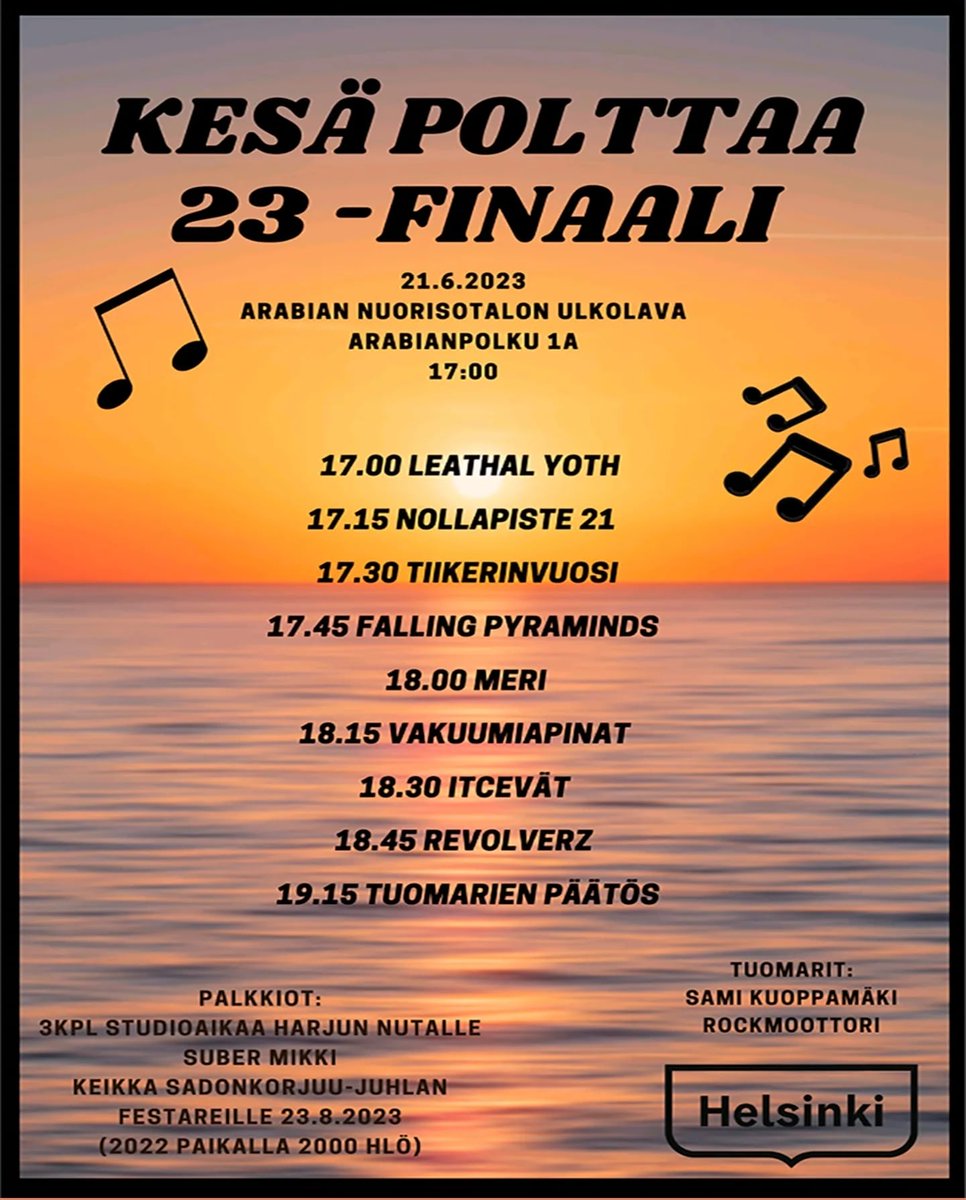 Kesä polttaa 23 - Finaali. 
21.6.2023
Tervetuloa! 
#arabiannuorisotalo #arabianranta 
<a href="/nuorten_hki/">Nuorten Helsinki</a> #rock #livemusic
