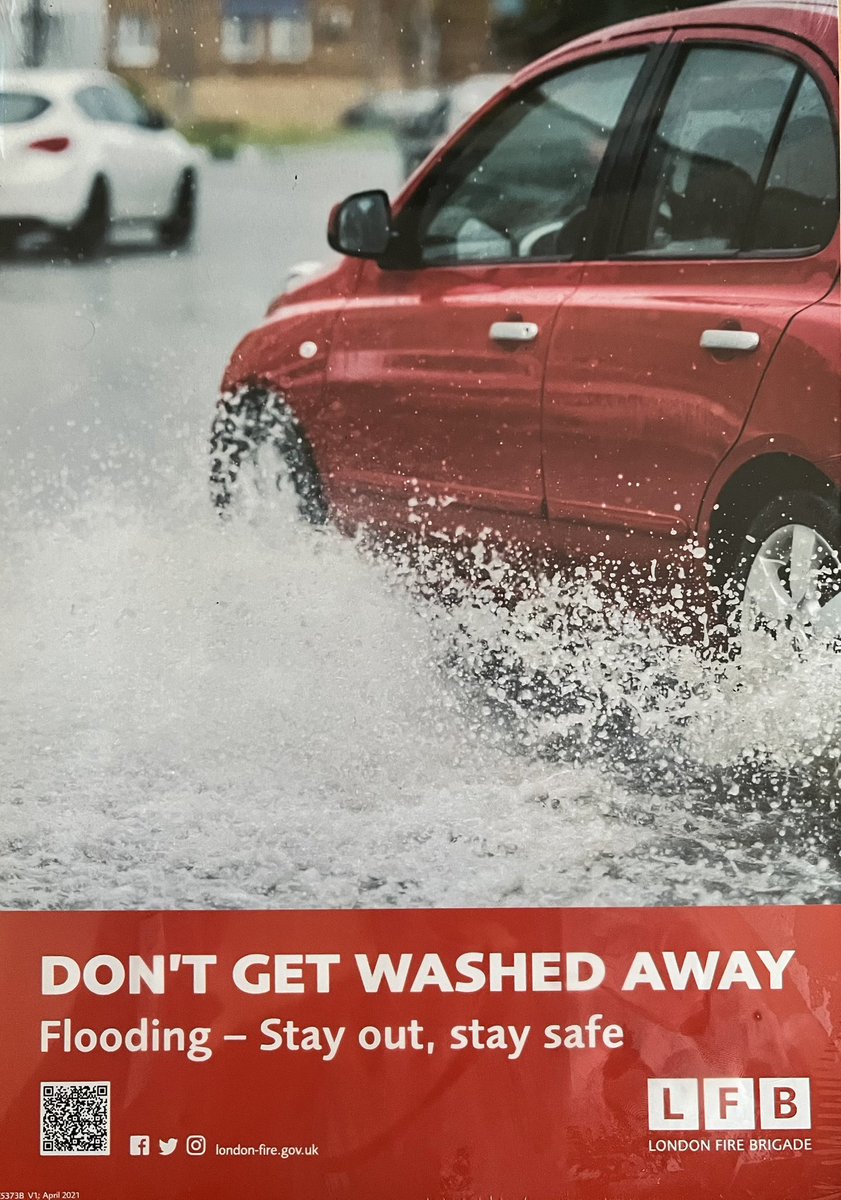 With this weather it’s a timely reminder people have got trapped driving through flood water. Never drive through flood water! A foot of moving water at just 6mph is enough to float a car #PrepareActSurvive @Brakecharity @LBofBromley @MPSBromley @Ldn_Ambulance @LondonFire