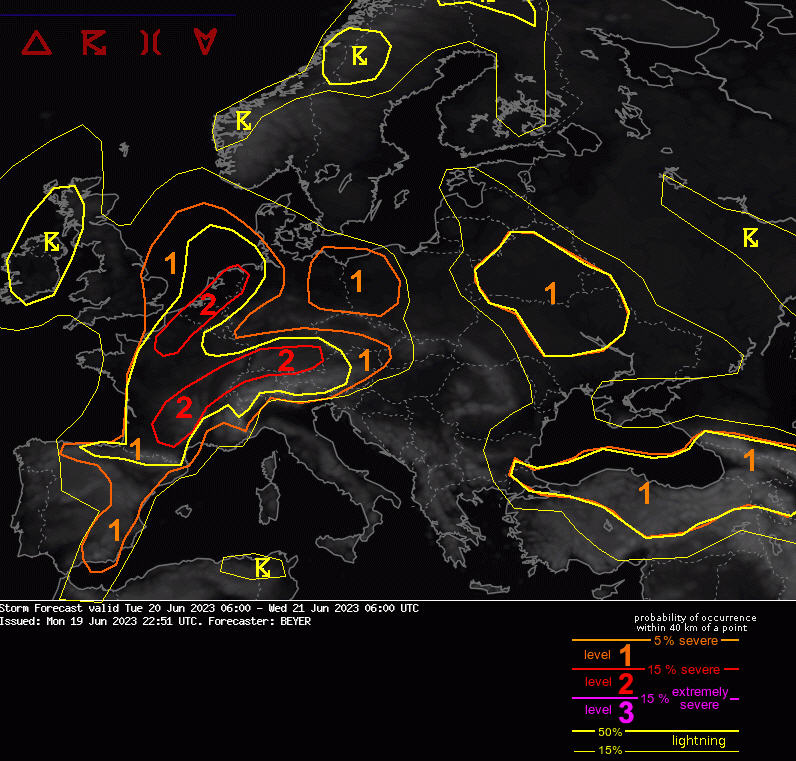 Convective forecast #Estofex 
Level 2 voor Z en O-Frankrijk, N-Zwitserland en Z-Duitsland, voornamelijk voor grote tot plaatselijk zeer zware hagel, zware tot plaatselijk extreme windstoten en in mindere mate voor overmatige neerslag (de laatste vooral voor Z-Frankrijk).