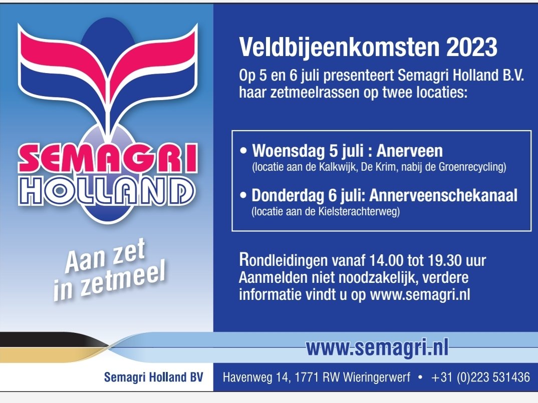 ZAPSemagri's tweet photo. Veldbijeenkomsten Semagri 2023 
✔️ 5 Juli Anerveen
✔️ 6 Juli Annerveenschekanaal https://t.co/JnBj8zrgju
