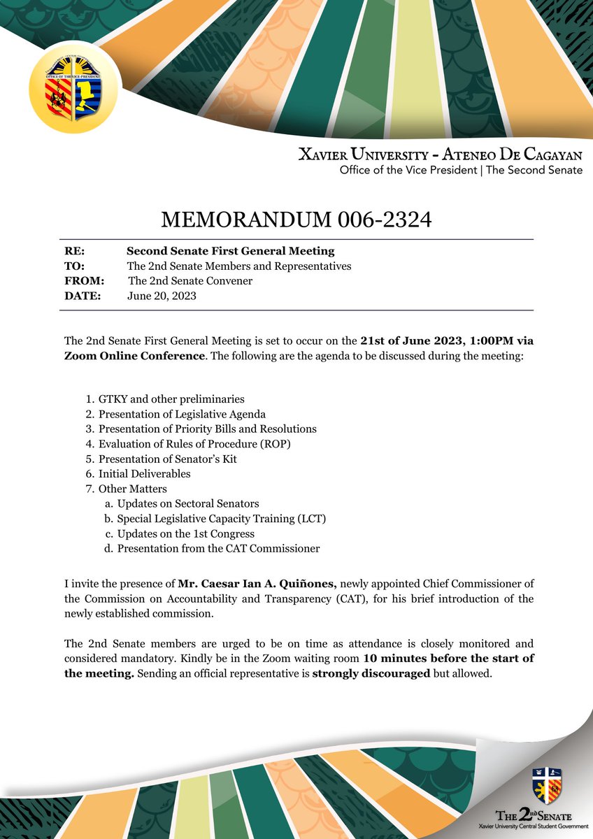 xucsgovp's tweet photo. [READ]  

Vice President's Memorandum 006-2324 RE: 2nd Senate First General Meeting  

Link to full memorandum: https://t.co/8waoyNlxYd 

#KaCSG 
#XavierAteneo https://t.co/57lcLffDRU