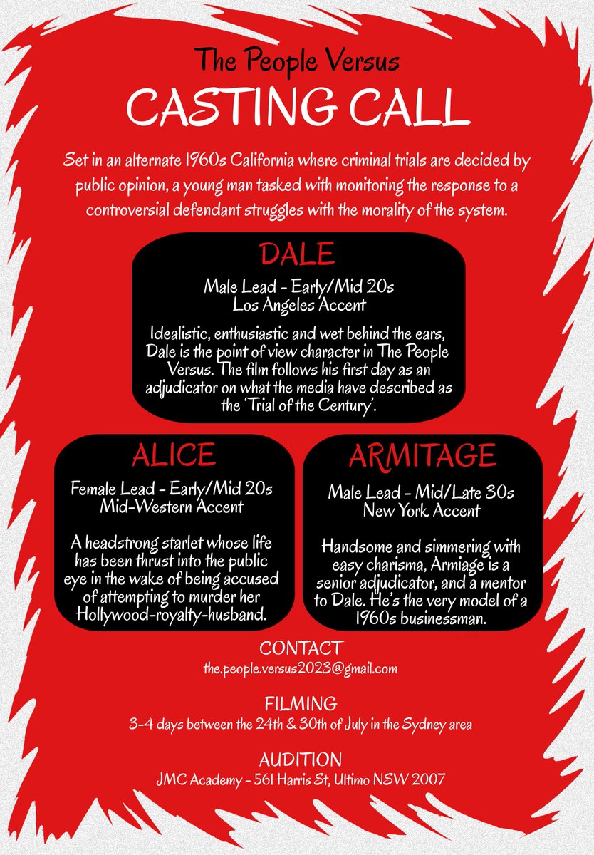 Happy to publish the first casting call for The People Versus! We have some great roles to cast, so make sure to spread the word!

To contact us, email us at the.people.versus2023@gmail.com or DM us!

#shortfilm #sydneyactor #sydneycasting #sydneycastingcall #sydneyauditions #jmc
