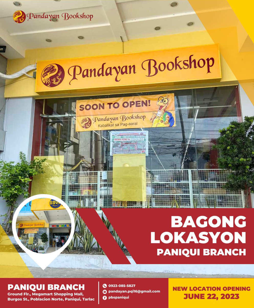 pandayancomph's tweet photo. Mabuhay Paniqueño! Bukas na ang re-opening Pandayan Bookshop Paniqui (Paniqui, Philippines) sa bago nitong lokasyon!

#bagonglokasyon #SulitAngPisoMoSaPandayanBooshop #pandayanbookshop #newlocation #pbspaniqui https://t.co/VkFLIv0tCV