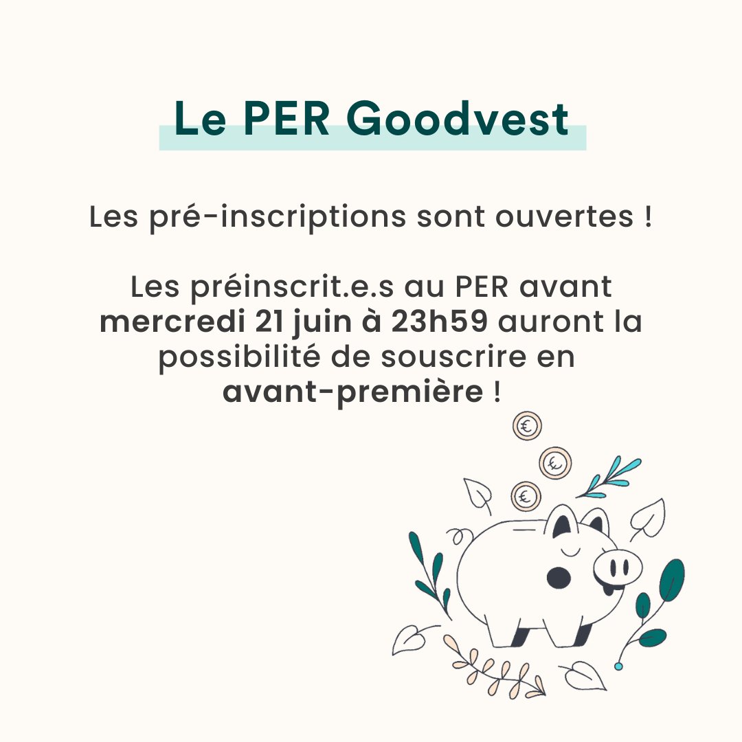 Les pré-inscriptions sont ouvertes !

Les préinscrit.e.s au PER avant mercredi 21 juin à 23h59 auront la possibilité de souscrire en
avant-première !

Inscrivez-vous : goodvest.fr/le-per-goodvest