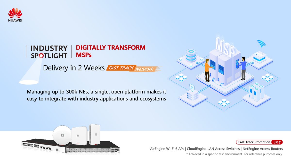 HuaweiEntEurope's tweet photo. Simplify network management and boost business success with Huawei #iMaster NCE-Campus. Manage up to 300k NEs on one open platform, ideal for MSP/ISPs. Join #Fasttrack and transform your network management in just 2 weeks! https://t.co/e9jhprCVUG https://t.co/YSOd8vcyXS