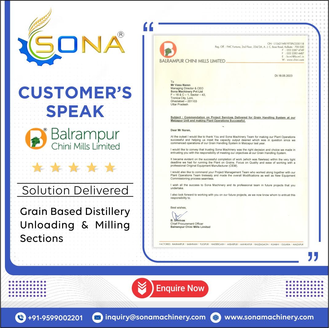 We are grateful for the support of our customers and feedback they give, here is a ‘Customer Speak’ from one of our esteemed customers.

Thank you Balrampur Chini Mills Ltd. Team for trusting and giving an opportunity to us.

#sonamachinery #customerfeedback #customerspeak
