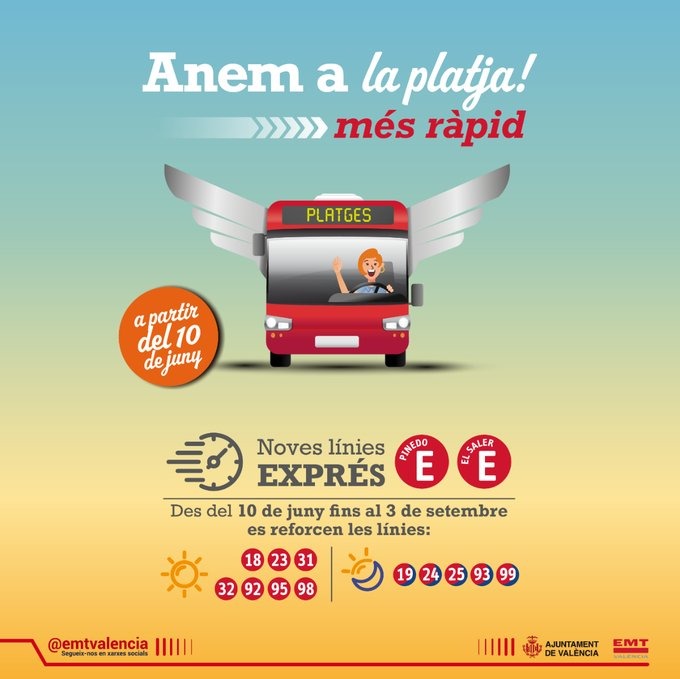 Bon dia! En marxa el servici especial d'estiu d'<a href="/emtvalencia/">EMT València</a>, amb reforços en les línies que arriben a les #platges🏖️