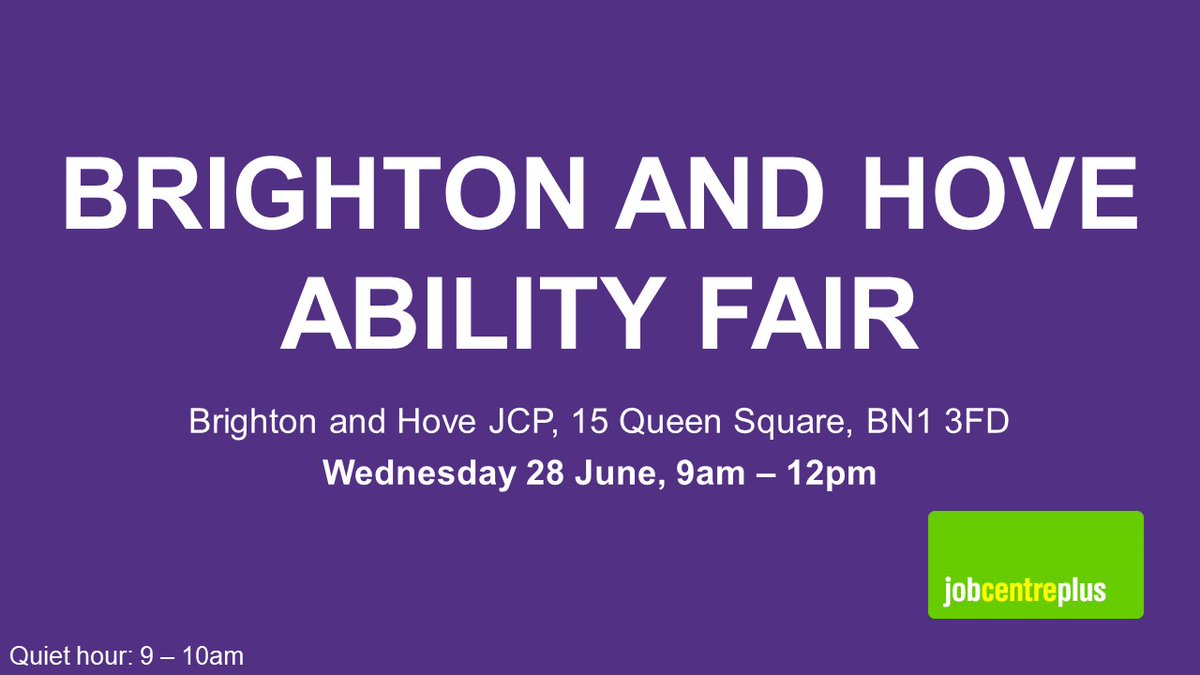 Come along and meet #DisabilityConfident employers and providers at the upcoming Brighton and Hove Ability Fair!

- Volunteering opportunities
- Access to work support
- Wellbeing services
- Work and Health Programme

Open to all!

#BrightonJobs #HoveJobs #JobsFair