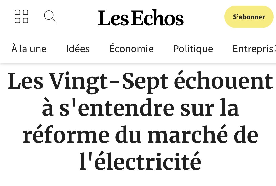 Comme prévu, pas de réforme du marché européen de l’électricité !🤦

Du coup, que va faire Macron ? Continuer d’asphyxier ménages et petites entreprises en y restant avec des prix prohibitifs,
ou enfin en sortir ?!

Reprenons le contrôle et quittons-le !
⤵️