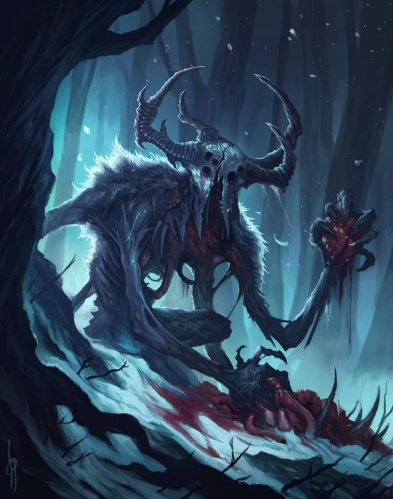 egoeremita's tweet image. Lost in the icy woods, fear consumed her as the Wendigo&apos;s chilling howls echoed through the night. Heart pounding, she clutched her fading courage and met the beast&apos;s piercing gaze. In that terrifying moment, she prayed in silence for her life. #microtale #wendigo