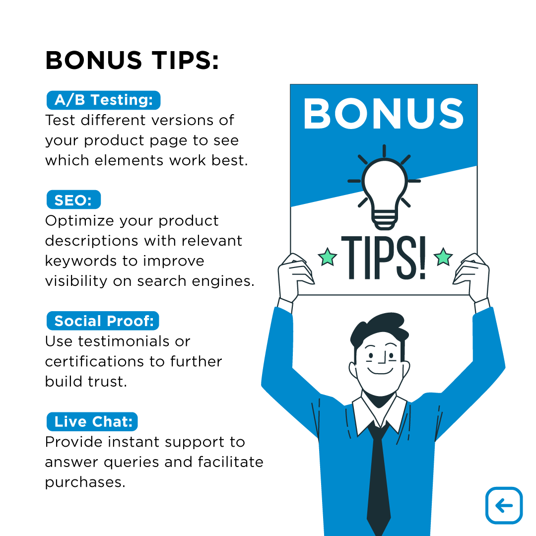 Our bonus tips will give you an extra edge in product page optimization. Harness the power of A/B testing, SEO, social proof, and live chat. #DigitalMarketing101 #ProductPageOptimization #Retail #Ecommerce 

(8/9)