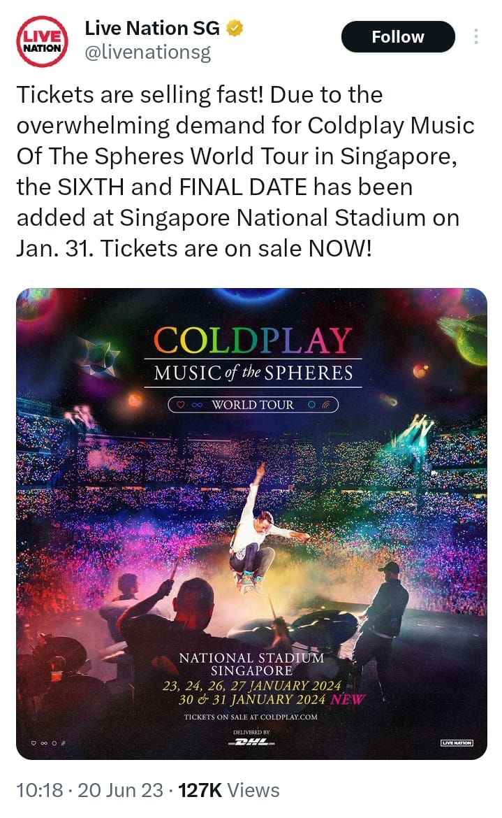 Kenapa Singapura dapat 6 malam tapi Malaysia nak tambah 1 malam pun susah?

Mudah je, dalam banyak-banyak negara diorang pergi hanya Malaysia sahaja yang Coldplay kena buat video khas minta maaf jika kehadiran mereka buat sesetengah pihak tersinggung.

Simple.