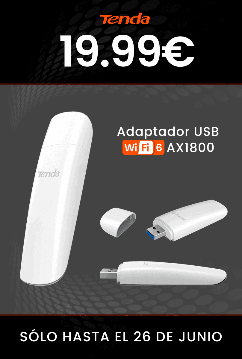 La oferta del #martes. Nuestro adaptador USB #WiFi 6 doble banda #Tenda U18. Mejora la velocidad y cobertura de tu red con sólo conectarlo al puerto USB de tu PC o portátil, a un precio mínimo histórico: 
▶️ bit.ly/443aNhX ◀️