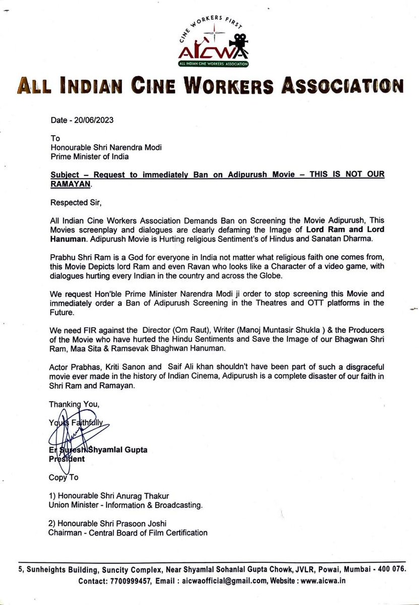 ManobalaV's tweet photo. All Indian Cine workers Association requests to PM Narendra Modi to immediately ban #Adipurush movie.