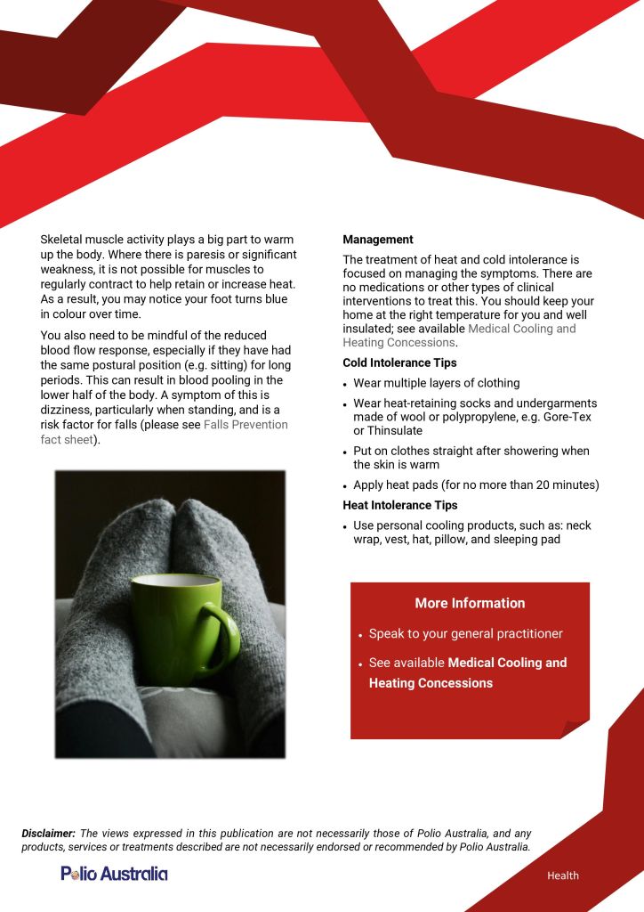 PolioAustralia's tweet photo. As the temperatures drop during winter, polio survivors often have issues with cold intolerance. This factsheet provides information about thermoregulation as well as tips for managing cold intolerance. #coldintolerance #postpoliosyndrome #poliosurvivor
🔗 https://t.co/xZAMY3CQkH https://t.co/W04nSclyck