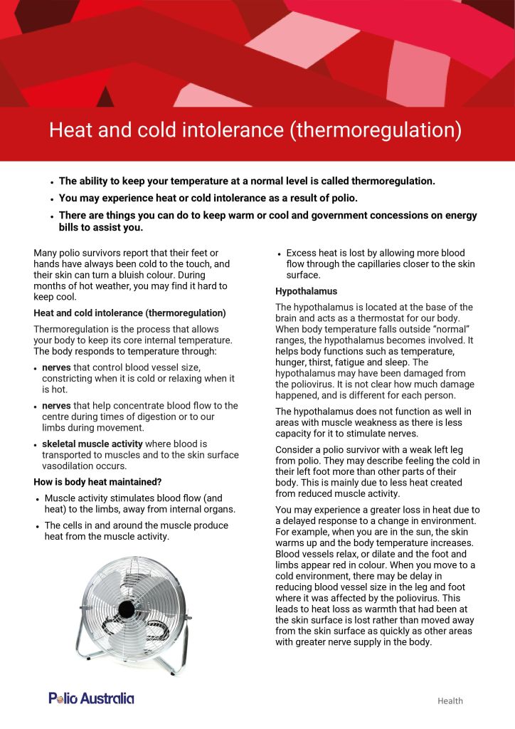 PolioAustralia's tweet photo. As the temperatures drop during winter, polio survivors often have issues with cold intolerance. This factsheet provides information about thermoregulation as well as tips for managing cold intolerance. #coldintolerance #postpoliosyndrome #poliosurvivor
🔗 https://t.co/xZAMY3CQkH https://t.co/W04nSclyck